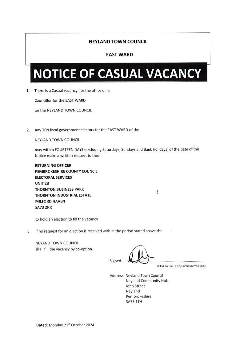 Casual Vacancy for Neyland East Ward